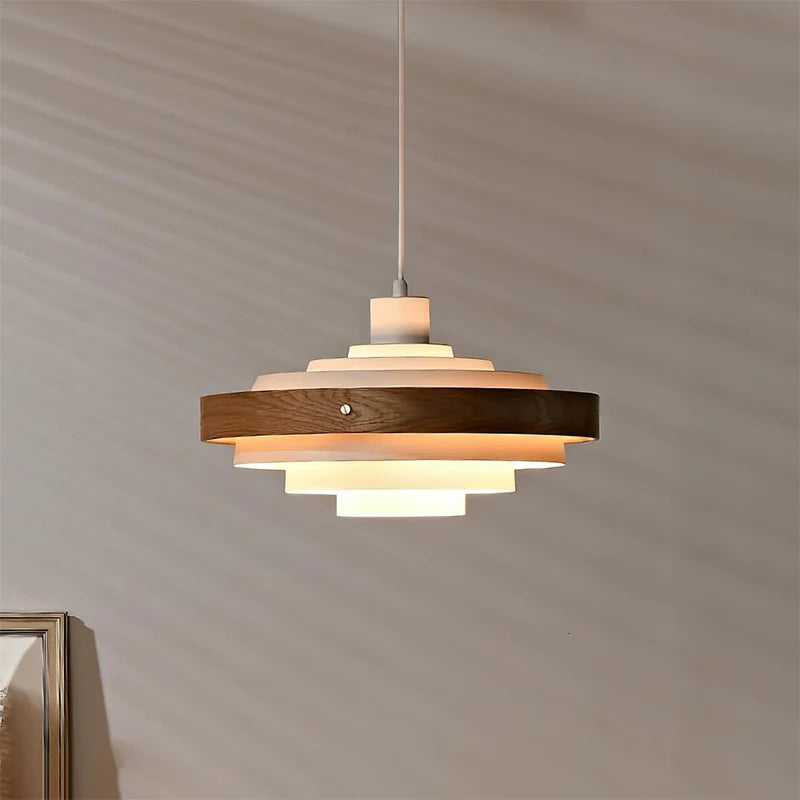 Muto pendant light, tiered design, wood and metal finish