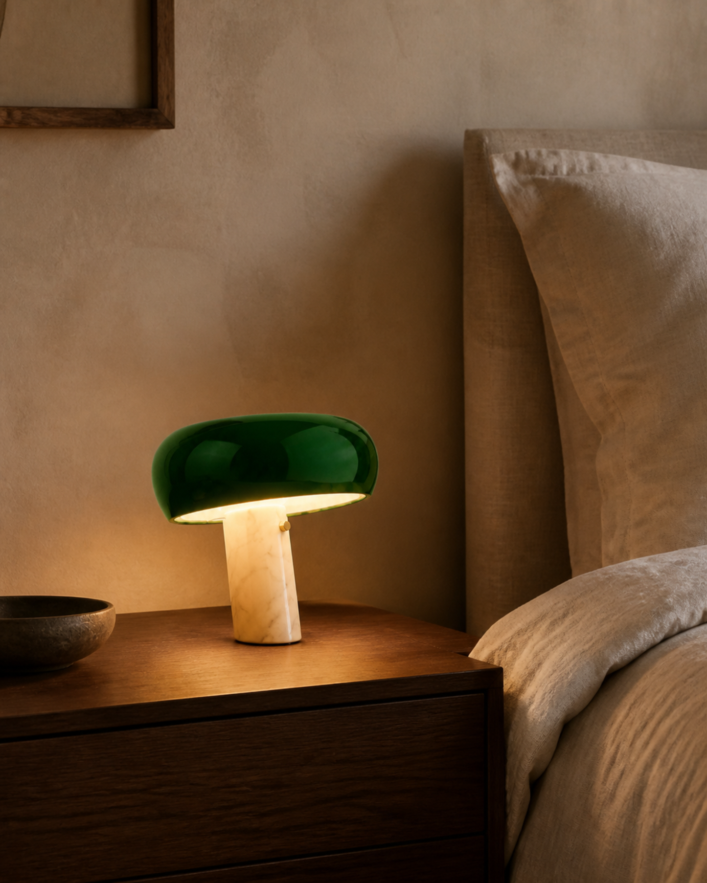 CAMOS Marble Mushroom Table Lamp — Nordic Design, Soft LED Glow — Green Small, lifestyle view, walnut bedroom | DecoHarmonie