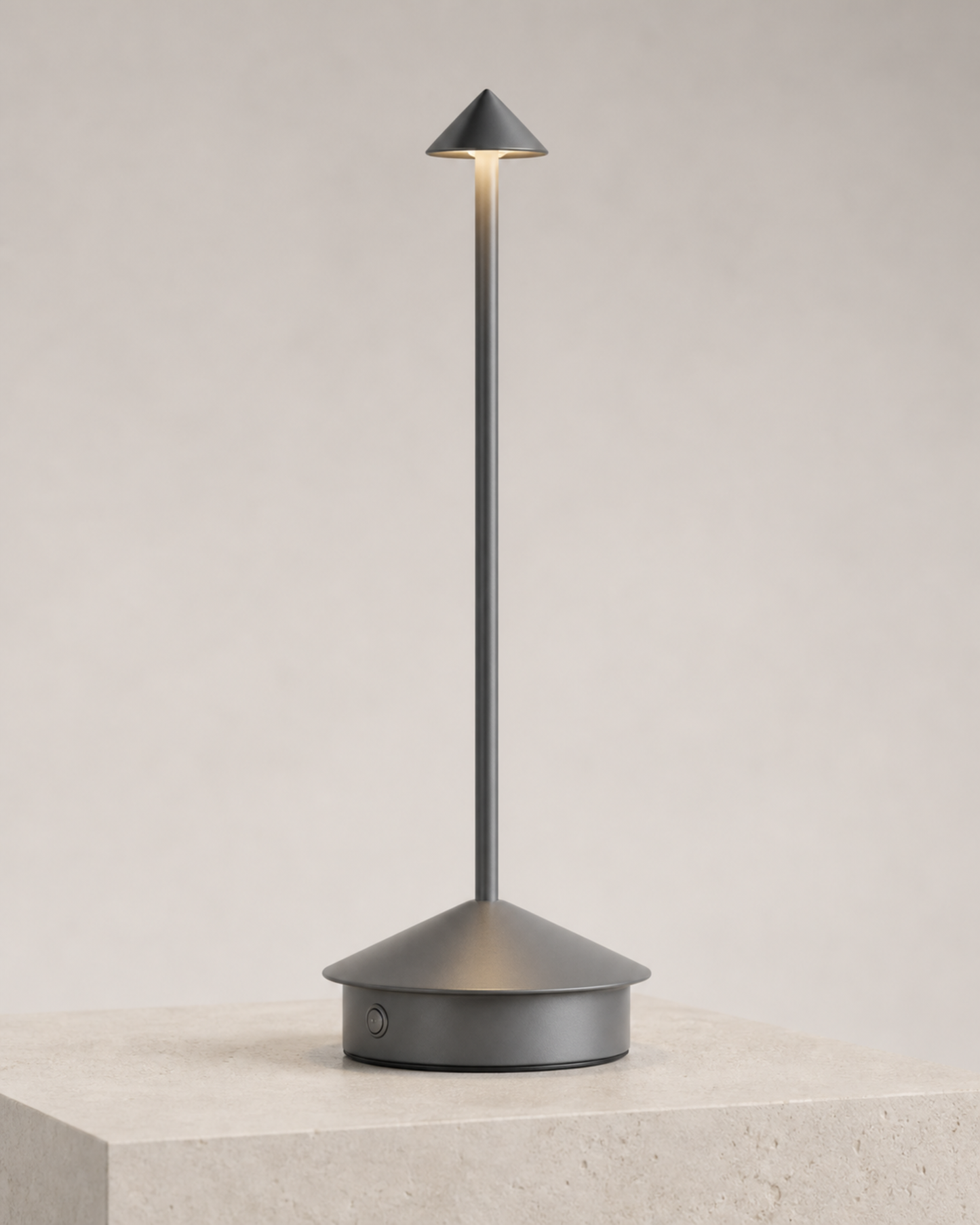 MIRO Cordless Table Lamp — Brushed Aluminium Cone, Touch Dimmer — Grey, material detail | DecoHarmonie