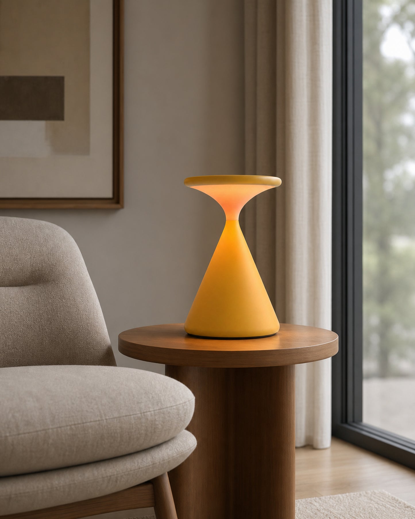 KONI Cordless Table Lamp — Matte Metal Hourglass, Touch Dimmable — Yellow, scale view | DecoHarmonie