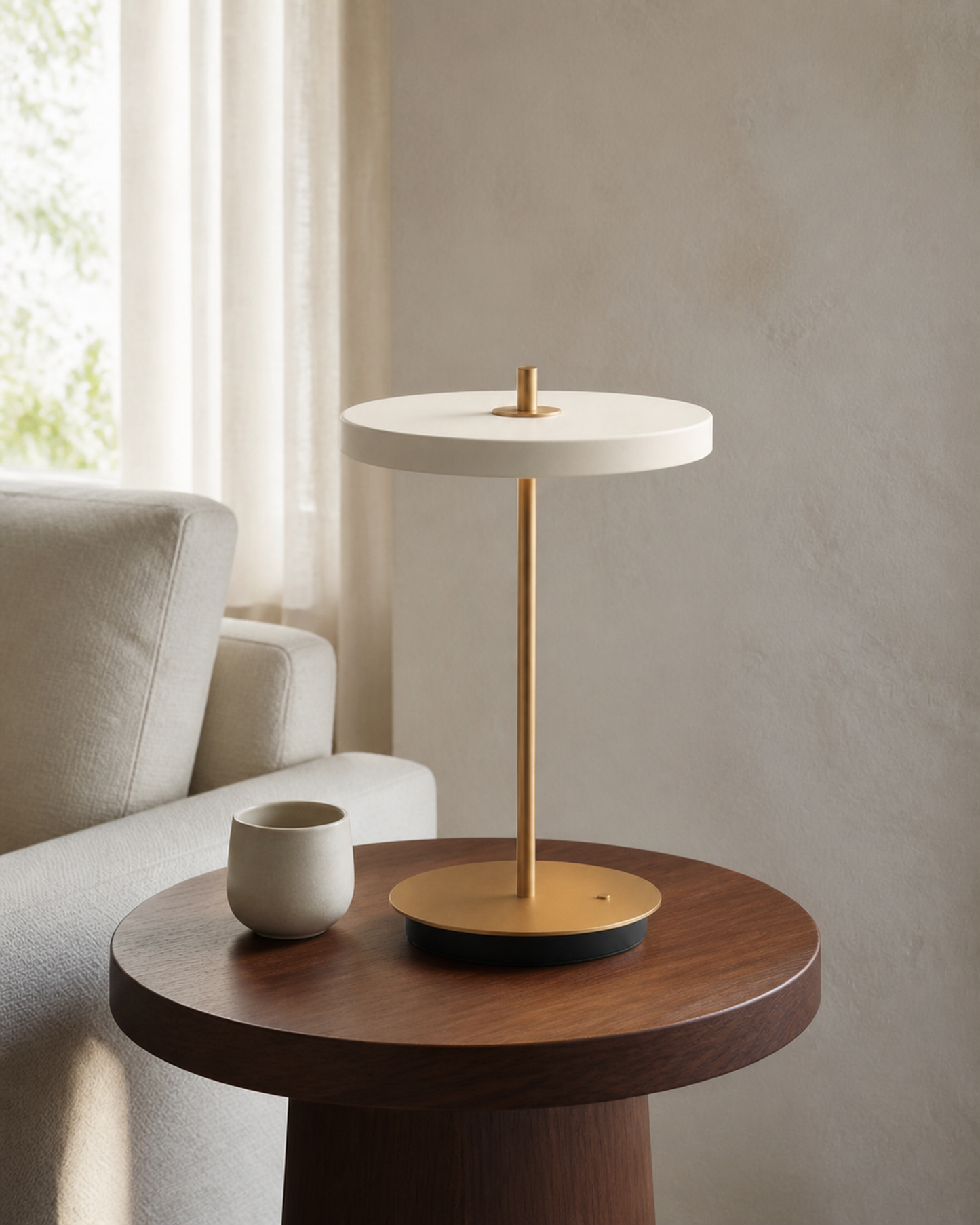 SKEN Cordless Table Lamp — Slim Stem, Touch Dimmer, Flat Shade — White, lifestyle view, scale | DecoHarmonie