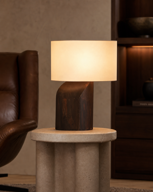 KALLE Solid Wood Table Lamp — Sculptural Base, Fabric Shade — Dark wood, lifestyle view, limestone reading room | DecoHarmonie