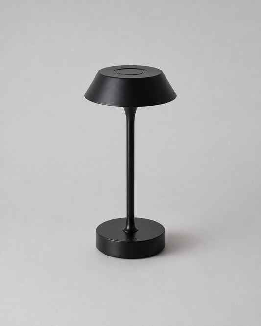 RUVA Metal Table Lamp — Machined Body, USB-C, Touch Dimmable LED — Black, studio packshot on grey background | DecoHarmonie