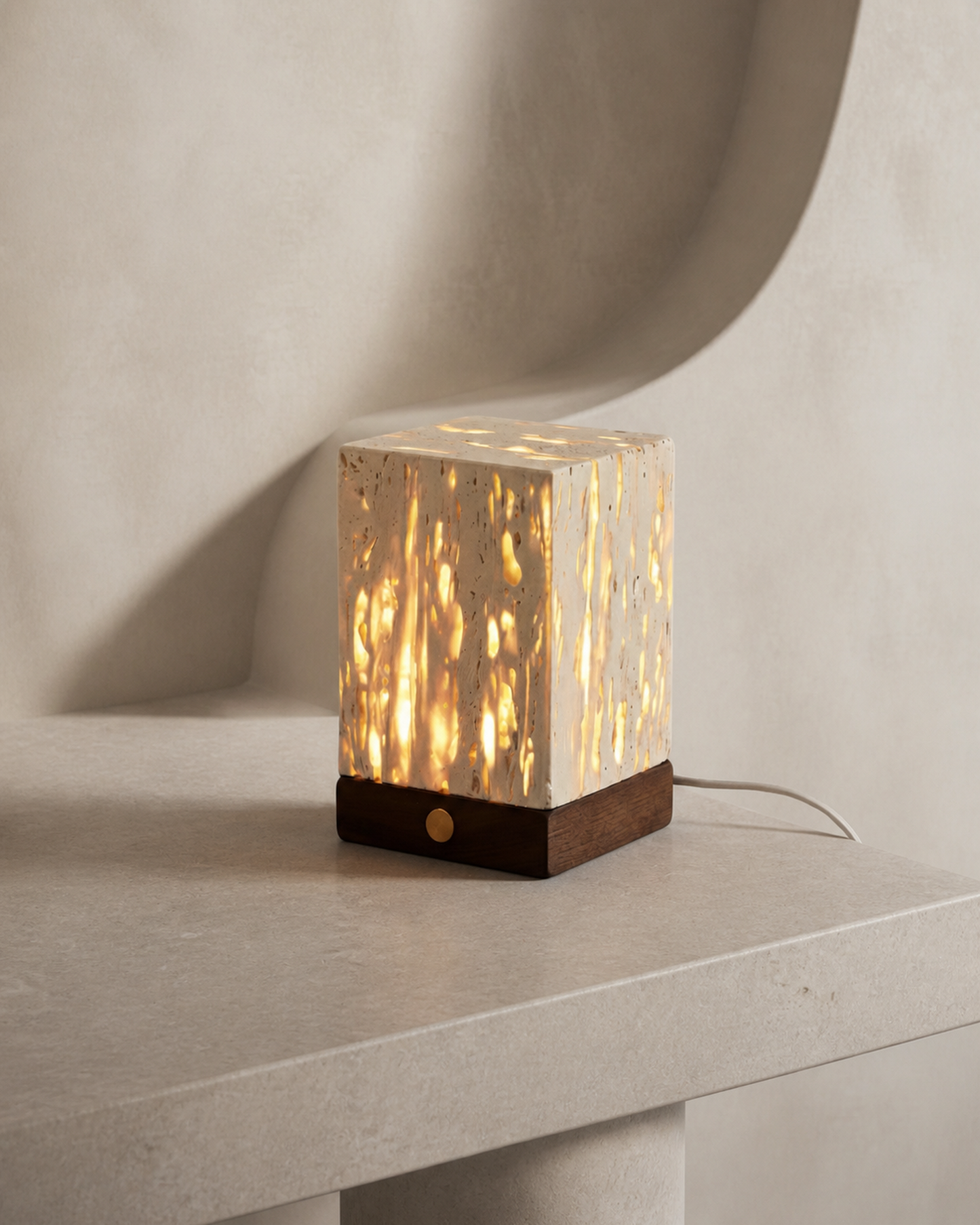 OMA Travertine & Walnut Table Lamp — USB, Organic Minimalist Design — Narrow, lifestyle view, stone entry | DecoHarmonie