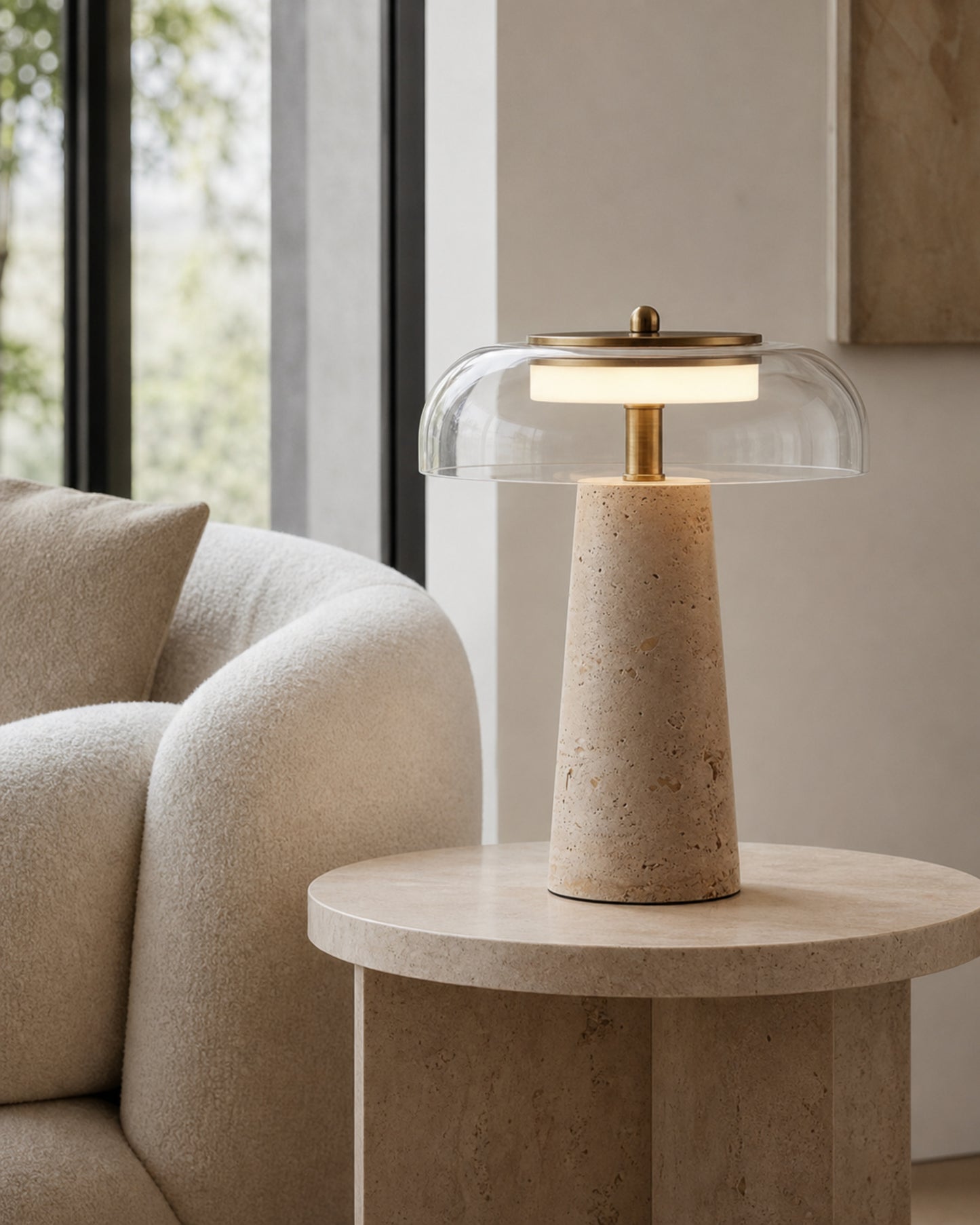 ZOA Travertine Table Lamp — Blown Glass Dome, Sculptural Design — Clear Glass, scale view | DecoHarmonie