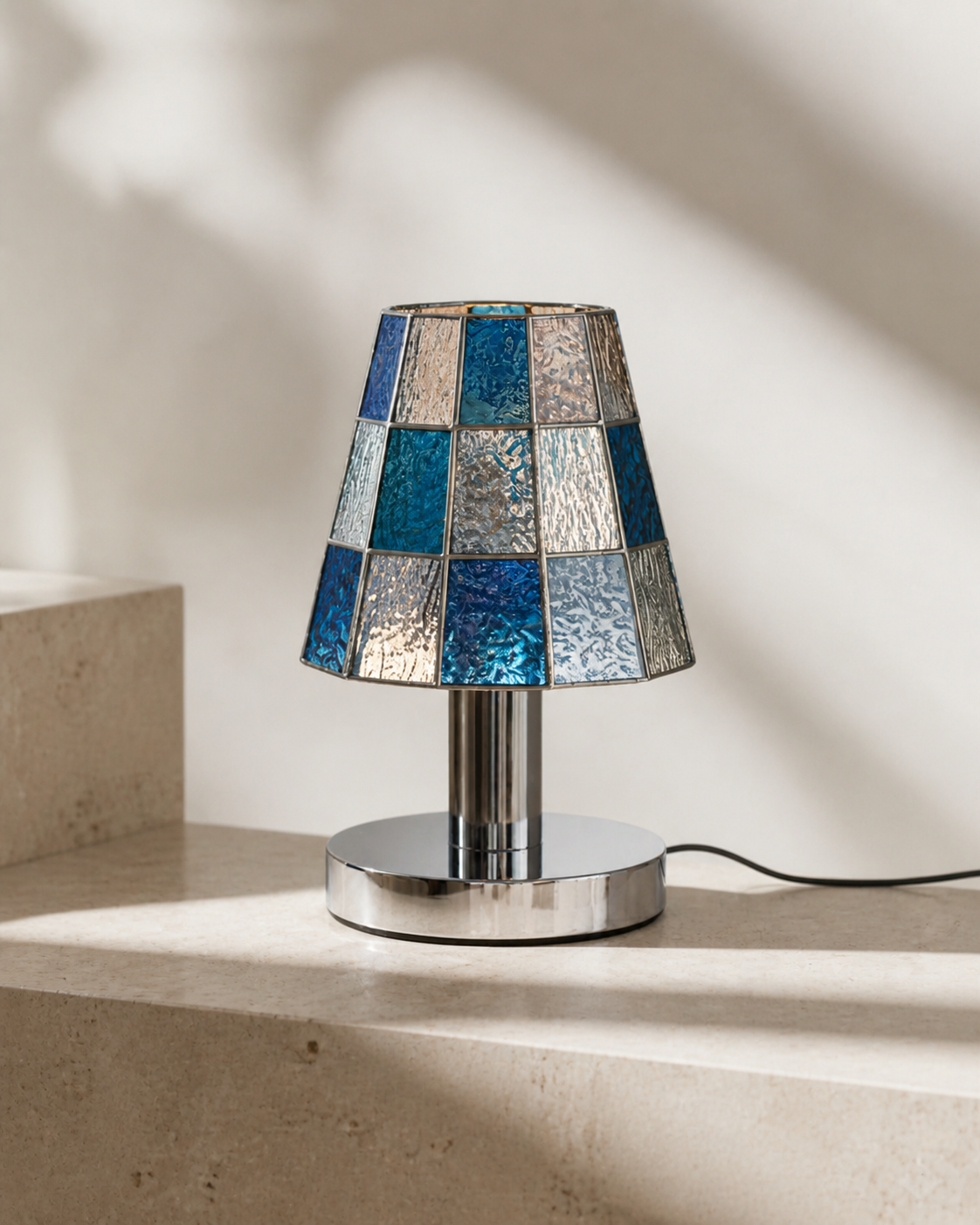 KALI designer table lamp with blue mosaic textured glass shade on polished chrome base | DecoHarmonie