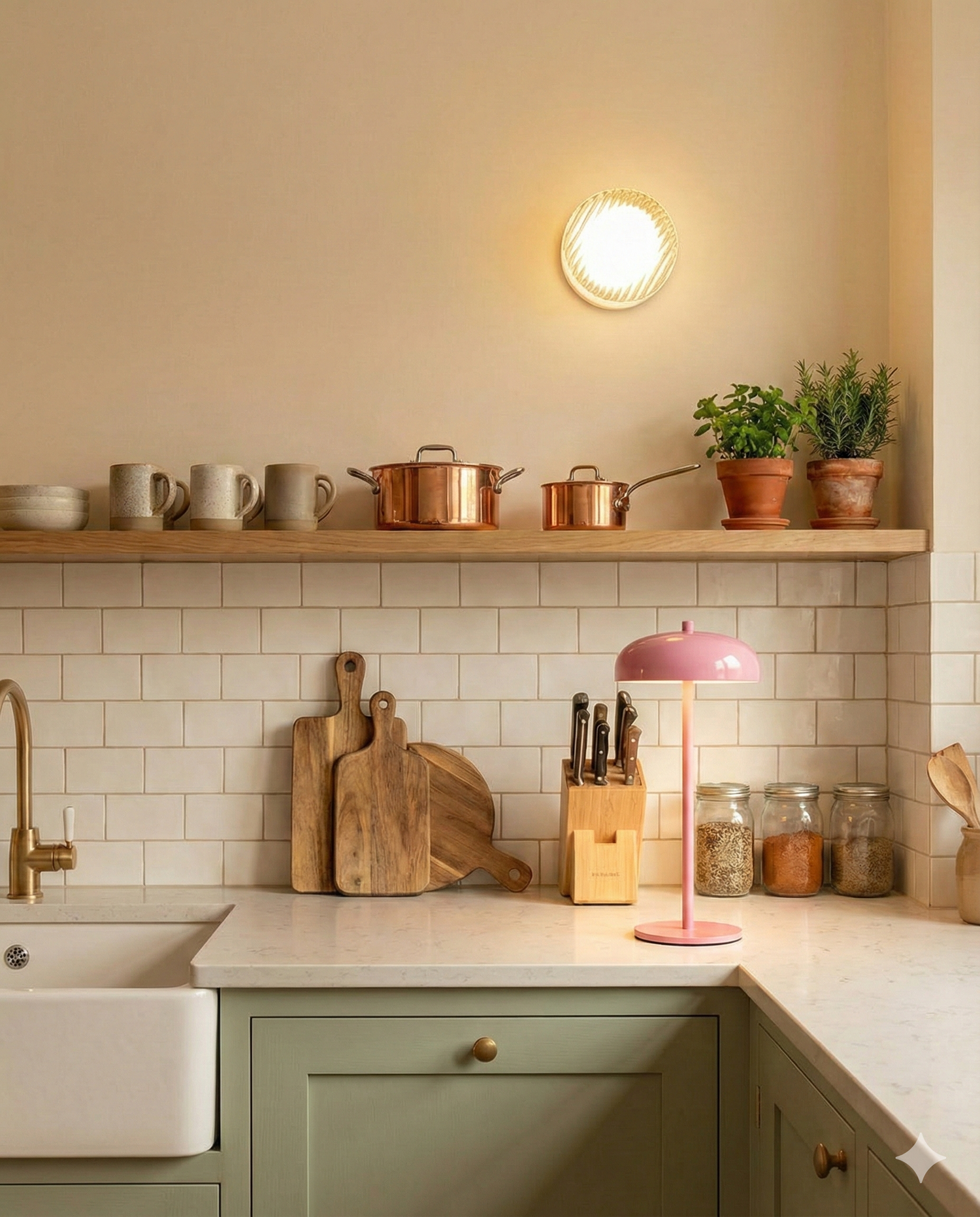 Pink designer table lamp glowing on a sage-green shaker kitchen counter — warm cordless light by DecoHarmonie