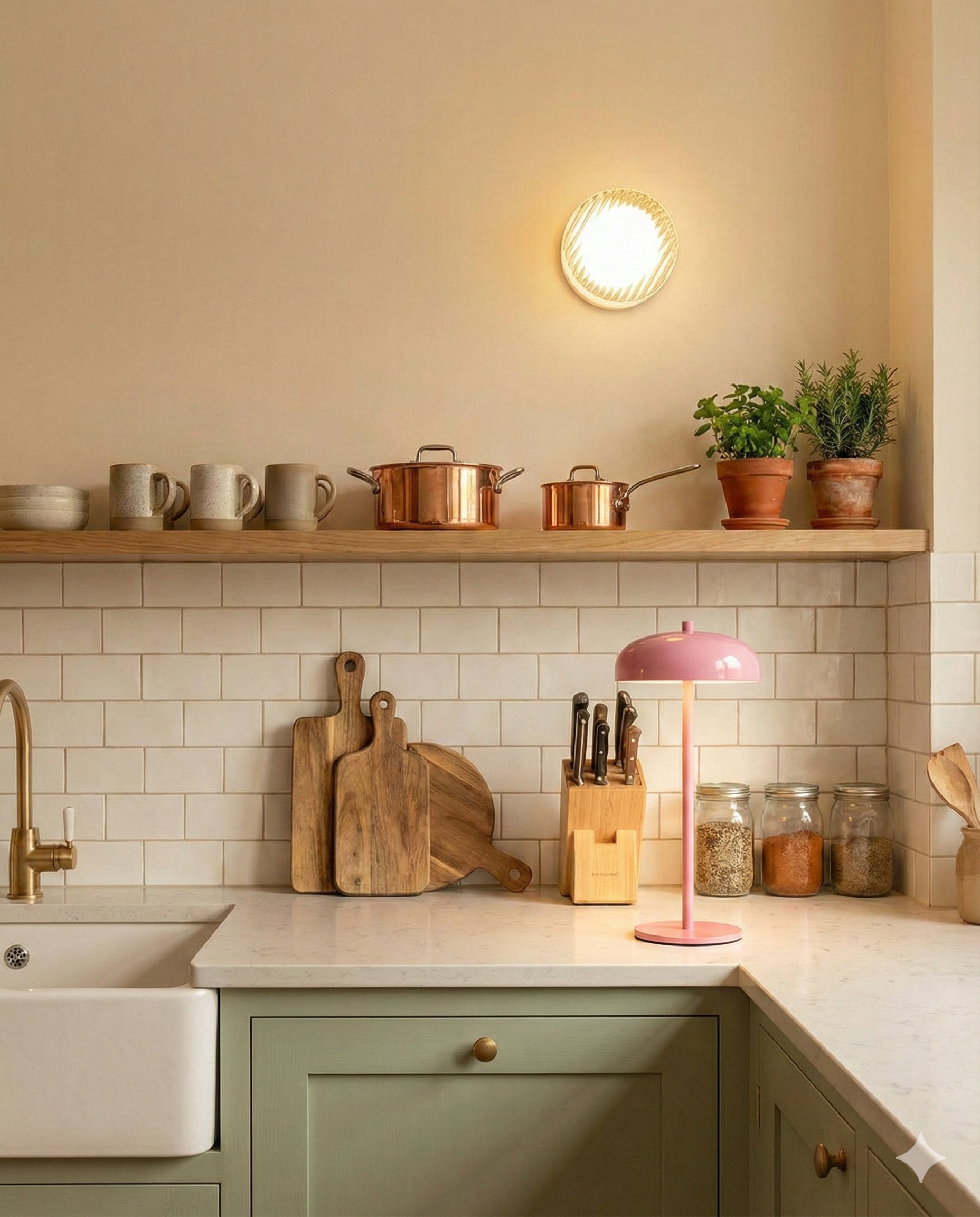 Pink designer table lamp glowing on a sage-green shaker kitchen counter — warm cordless light by DecoHarmonie