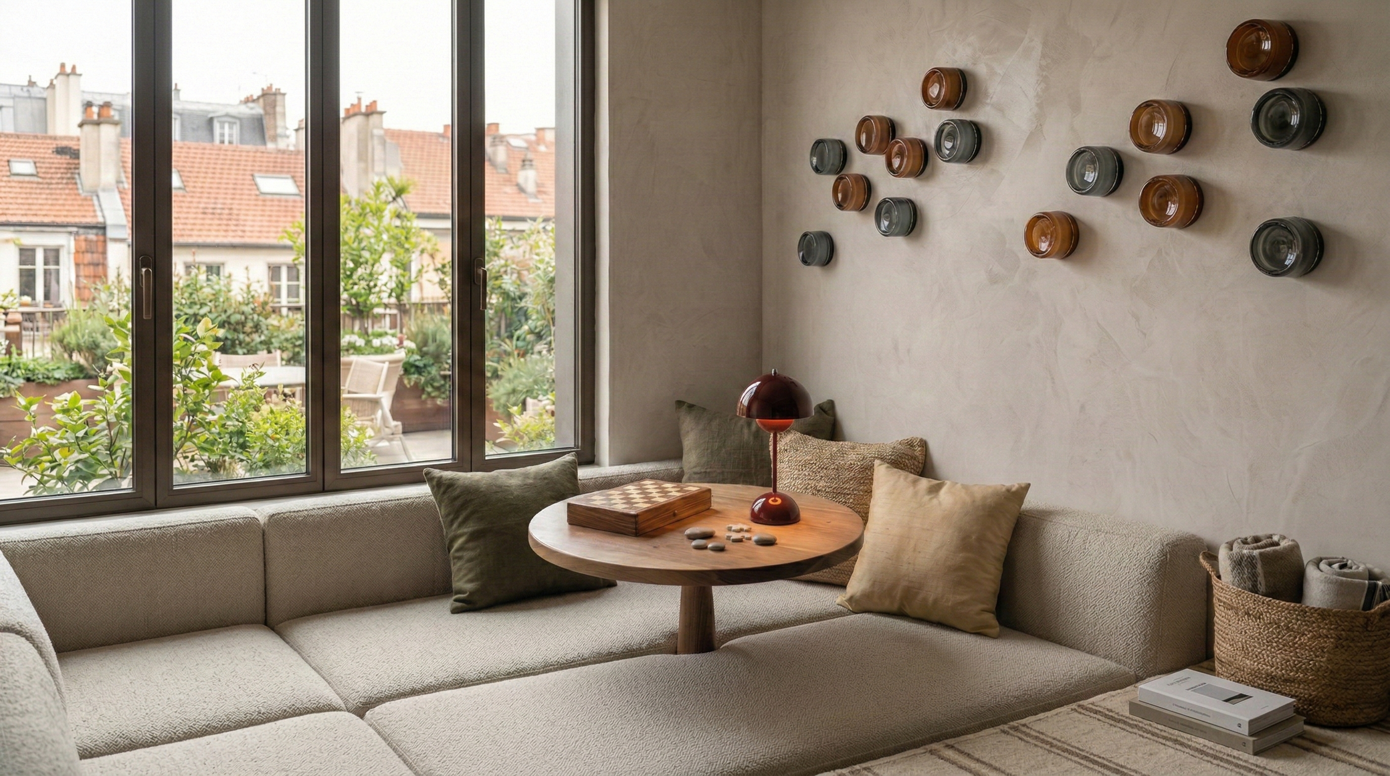 Red dome cordless designer table lamp on a round wooden coffee table in a minimalist Australian living nook by DecoHarmonie