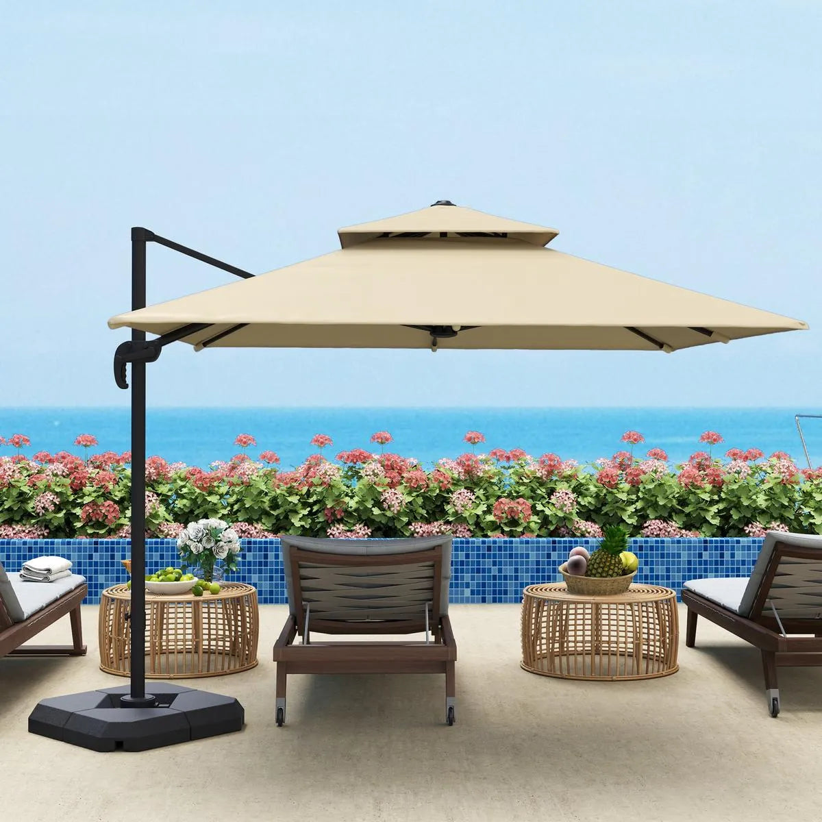 Cantilever Parasol 2.7x2.7m Aluminium Frame Crank Tilt 360° Rotation Double Top Garden Umbrella with Base and Cover, Khaki