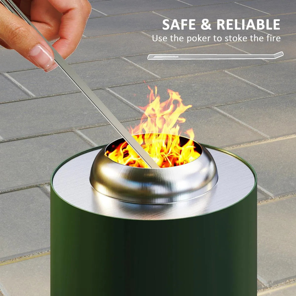 Fire Pit Portable Stainless Steel, 16×16cm, Green with Poker for Garden Camping Bonfire Party, Smokeless Wood- or Pellet-Fuelled Tabletop