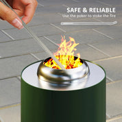 Fire Pit Portable Stainless Steel, 16×16cm, Green with Poker for Garden Camping Bonfire Party, Smokeless Wood- or Pellet-Fuelled Tabletop