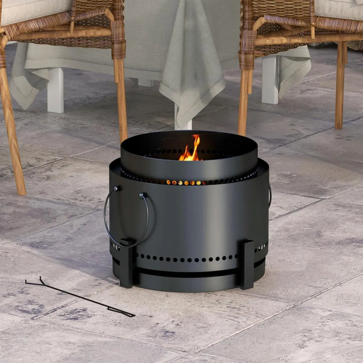 Smokeless Fire Pit Portable Wood Burning with Ash Catcher, 37cm, Black with Poker for Garden Camping Bonfire Party