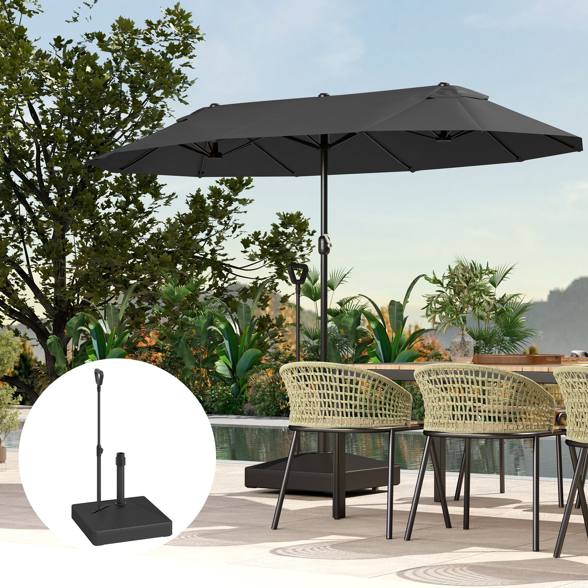 Garden Parasol Base with Adjustable Wheels Handle Filled Up to 55kg with Stand or 45kg with Water for 35mm 38mm 48mm Poles, Black