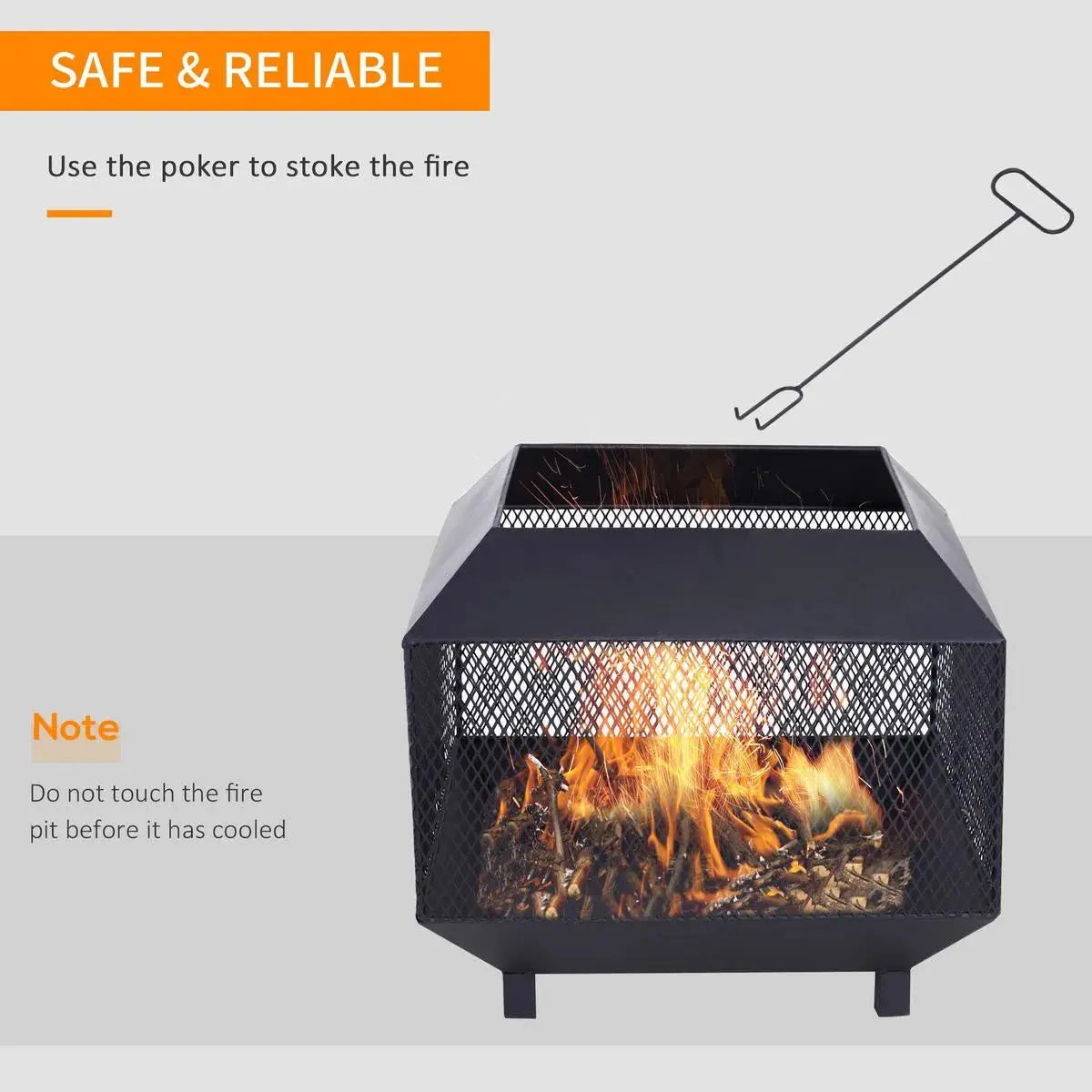 Square Fire Pit Metal Mesh Brazier, 44×44×40cm, Black, Outdoor with Lid, Log Grate, Poker for Backyard Camping Bonfire Wood Burning Stove