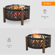 Round Fire Pit Metal Bowl 2-in-1 Brazier, 78×78×60cm, Black, Outdoor with Lid, BBQ Grill, Poker for Backyard Camping Bonfire Wood Burning Stove