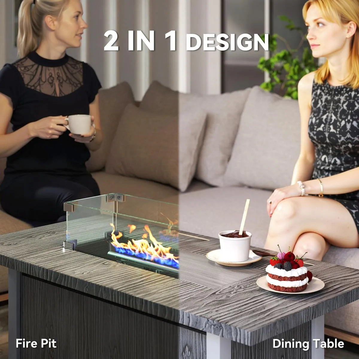 Gas Fire Pit Table, 50,000 BTU, Dark Grey with Cover and Glass Screen