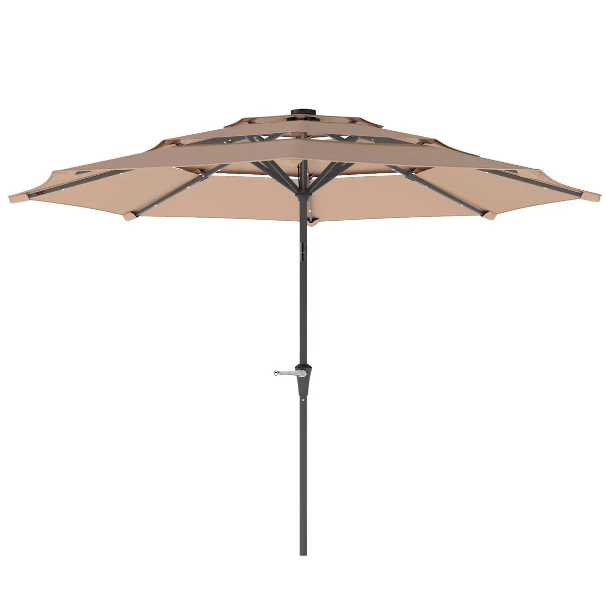 3-Tier Garden Parasol Solar LED Lights UPF30+ Tilt Crank Handle for Market Terrace, Khaki