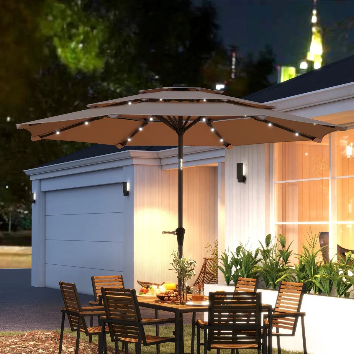 3-Tier Garden Parasol Solar LED Lights UPF30+ Tilt Crank Handle for Market Terrace, Khaki