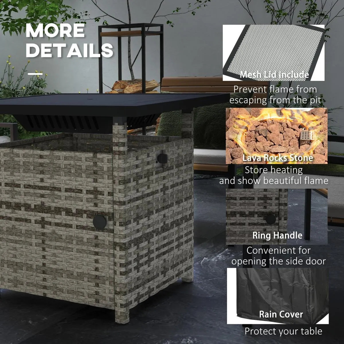 Fire Pit Table, 50,000 BTU, 72.5×72.5cm, Grey with Cover