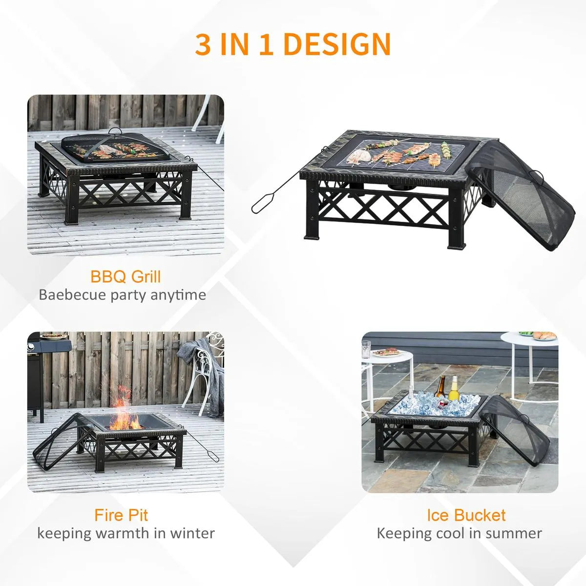 Fire Pit Table Square 3-in-1 Wood Burning Brazier, 76×76×47cm, Black, Outdoor with BBQ Grill, Ice Bucket, Grill Grate, Log Grate, Lid, Poker for Garden Camping Bonfire