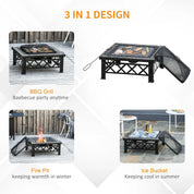 Fire Pit Table Square 3-in-1 Wood Burning Brazier, 76×76×47cm, Black, Outdoor with BBQ Grill, Ice Bucket, Grill Grate, Log Grate, Lid, Poker for Garden Camping Bonfire