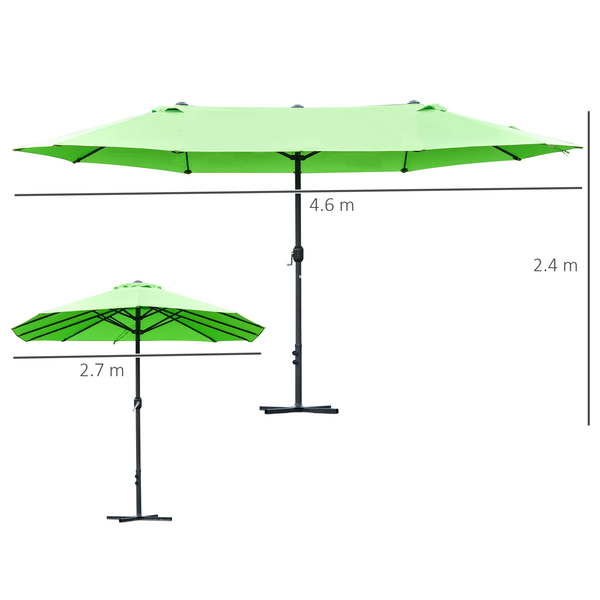 Double-Sided Sun Umbrella Canopy 4.6m Crank Shade with Cross Base, Green