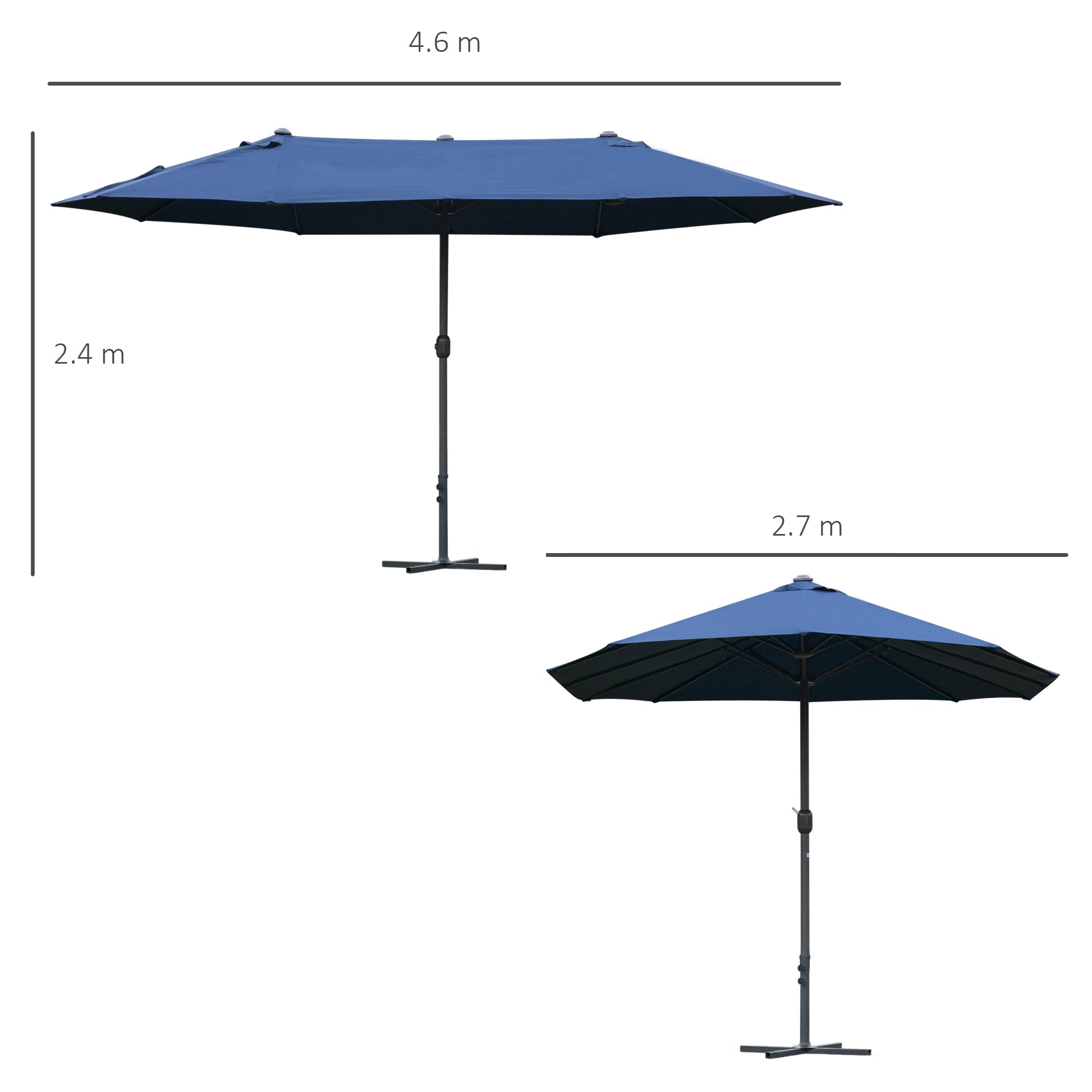 Double-Sided Sun Umbrella Canopy 4.6m Crank Shade with Cross Base, Dark Blue