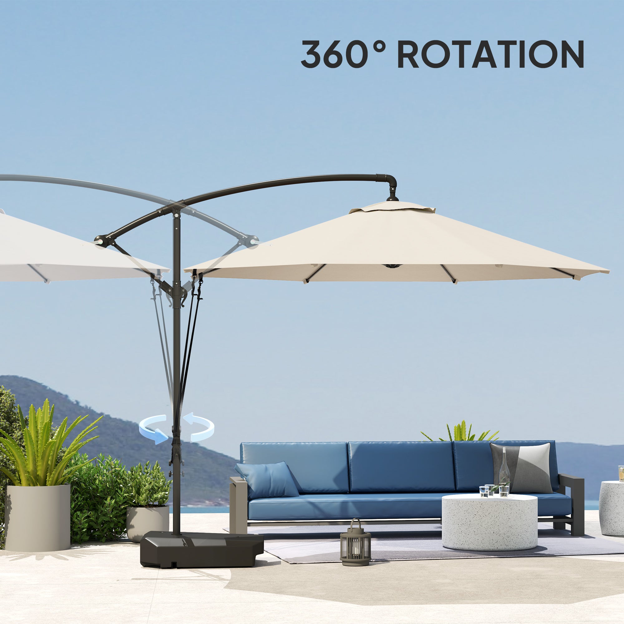 Garden Cantilever Parasol 3m with Fillable Base up to 90kg Wind Strap Cover Round Banana Hanging Umbrella Crank Tilt UPF50+, Cream