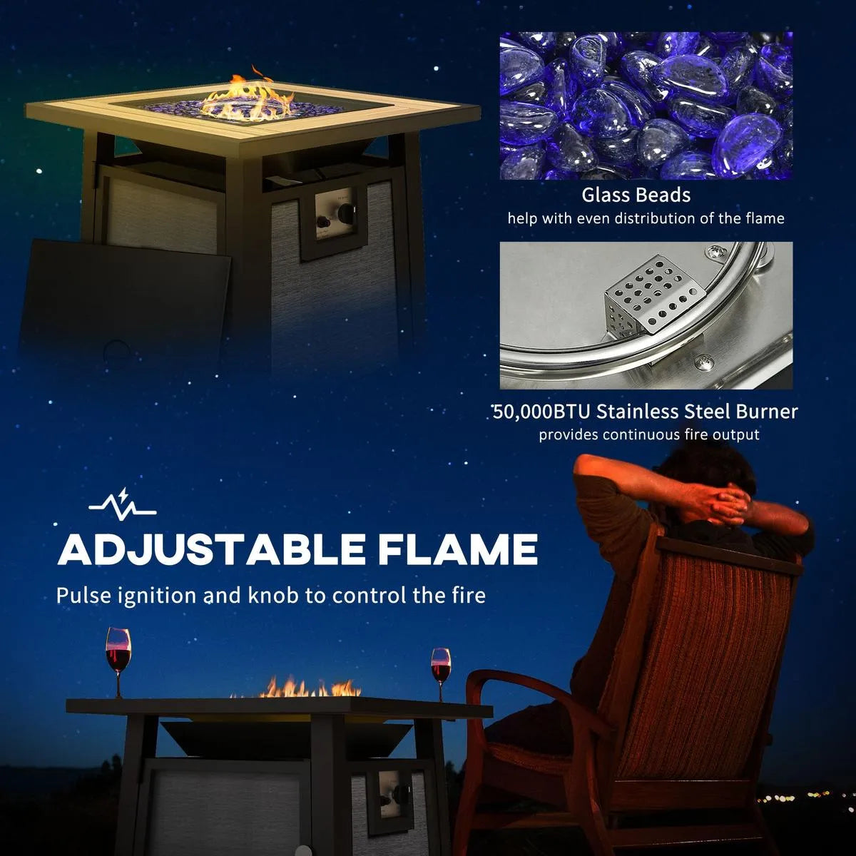 Gas Fire Pit Table, 50,000 BTU, 71×71cm, Grey with Cover