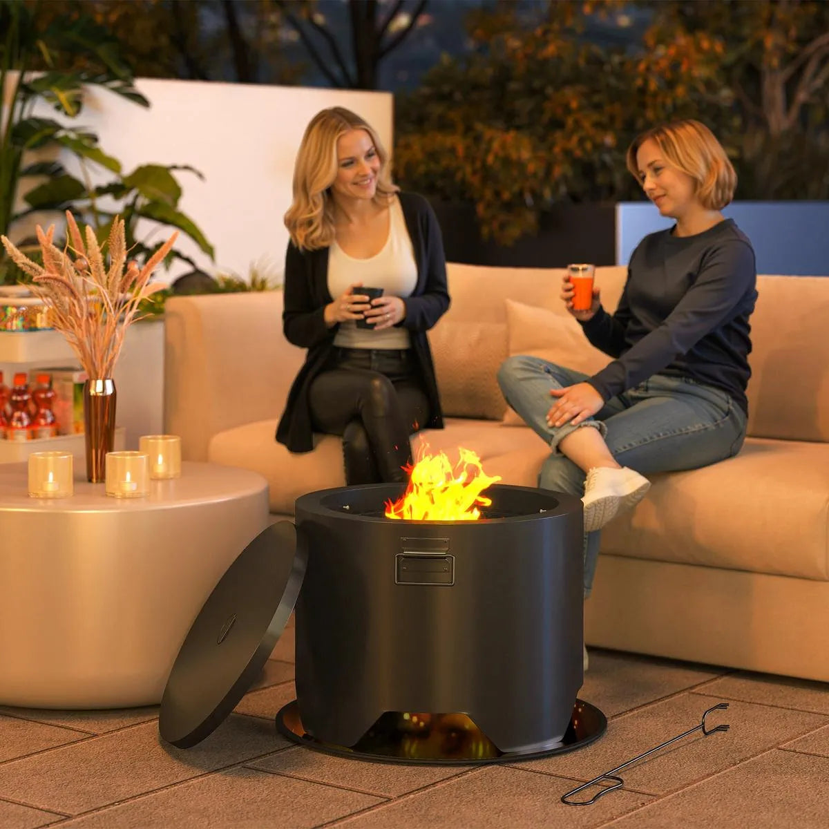 Fire Pit Round Outdoor with Lid and Fire Poker, Black