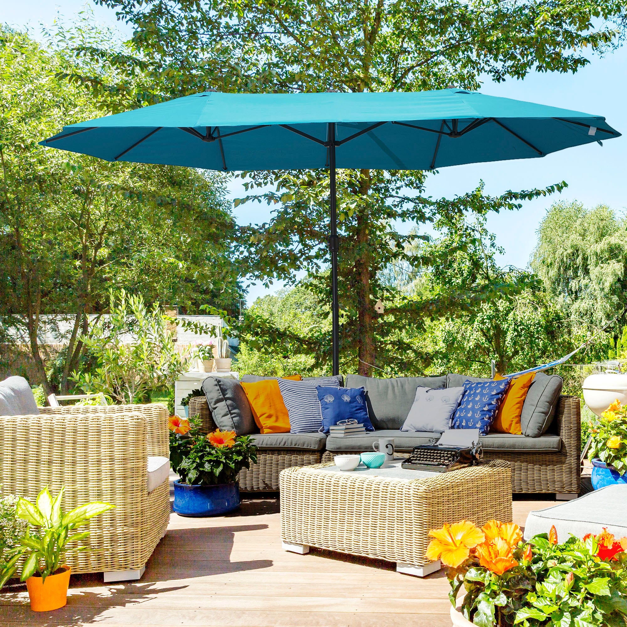 Double Garden Parasol 4.6m Outdoor Patio Sun Umbrella, Sky Blue