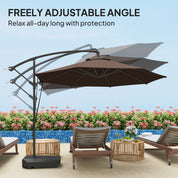Garden Cantilever Parasol 3m with Fillable Base up to 90kg Wind Strap Cover Round Banana Hanging Umbrella Crank Tilt UPF50+, Brown