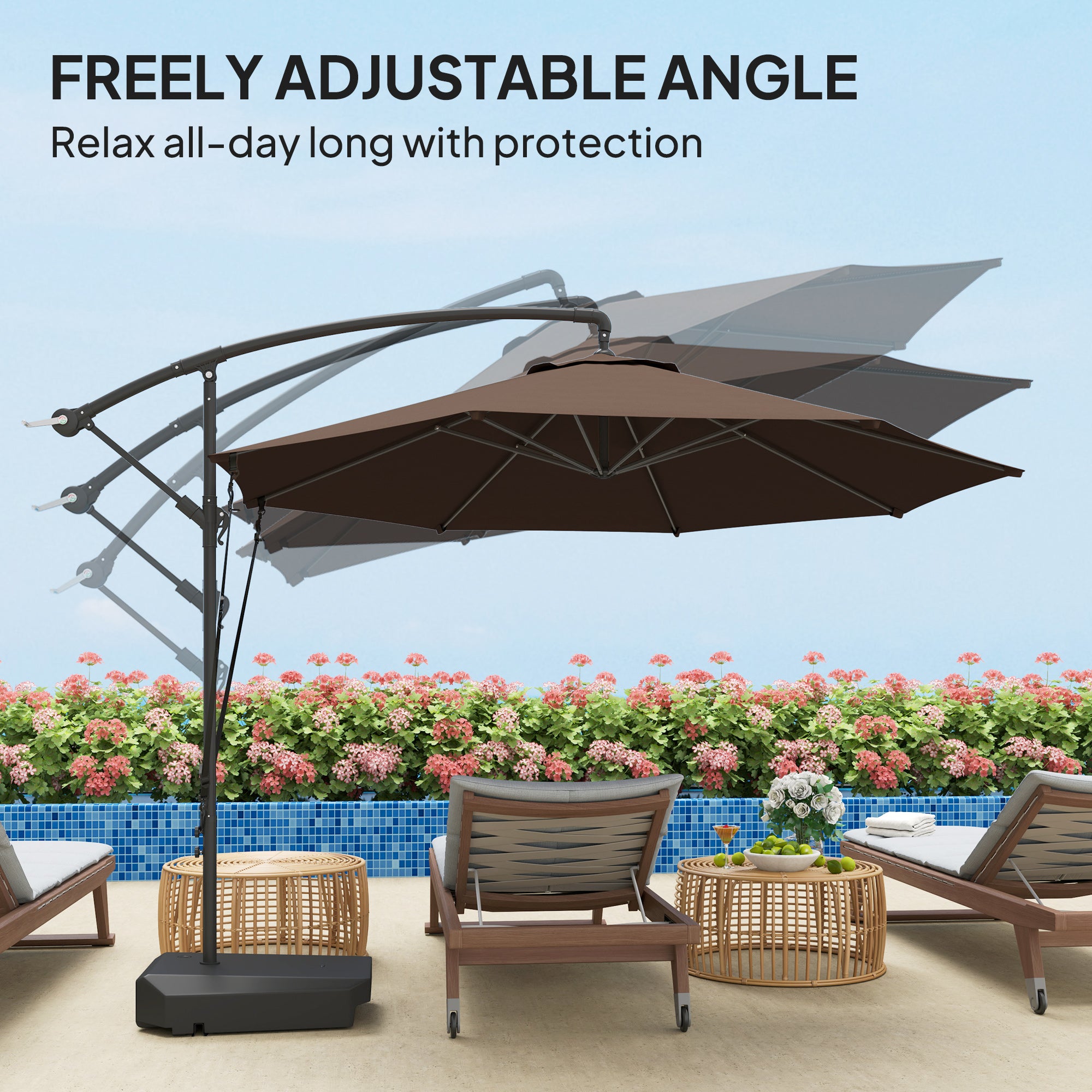 Garden Cantilever Parasol 3m with Fillable Base up to 90kg Wind Strap Cover Round Banana Hanging Umbrella Crank Tilt UPF50+, Brown