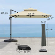 Cantilever Parasol 2.7x2.7m Aluminium Frame Crank Tilt 360° Rotation Double Top Garden Umbrella with Base and Cover, Khaki