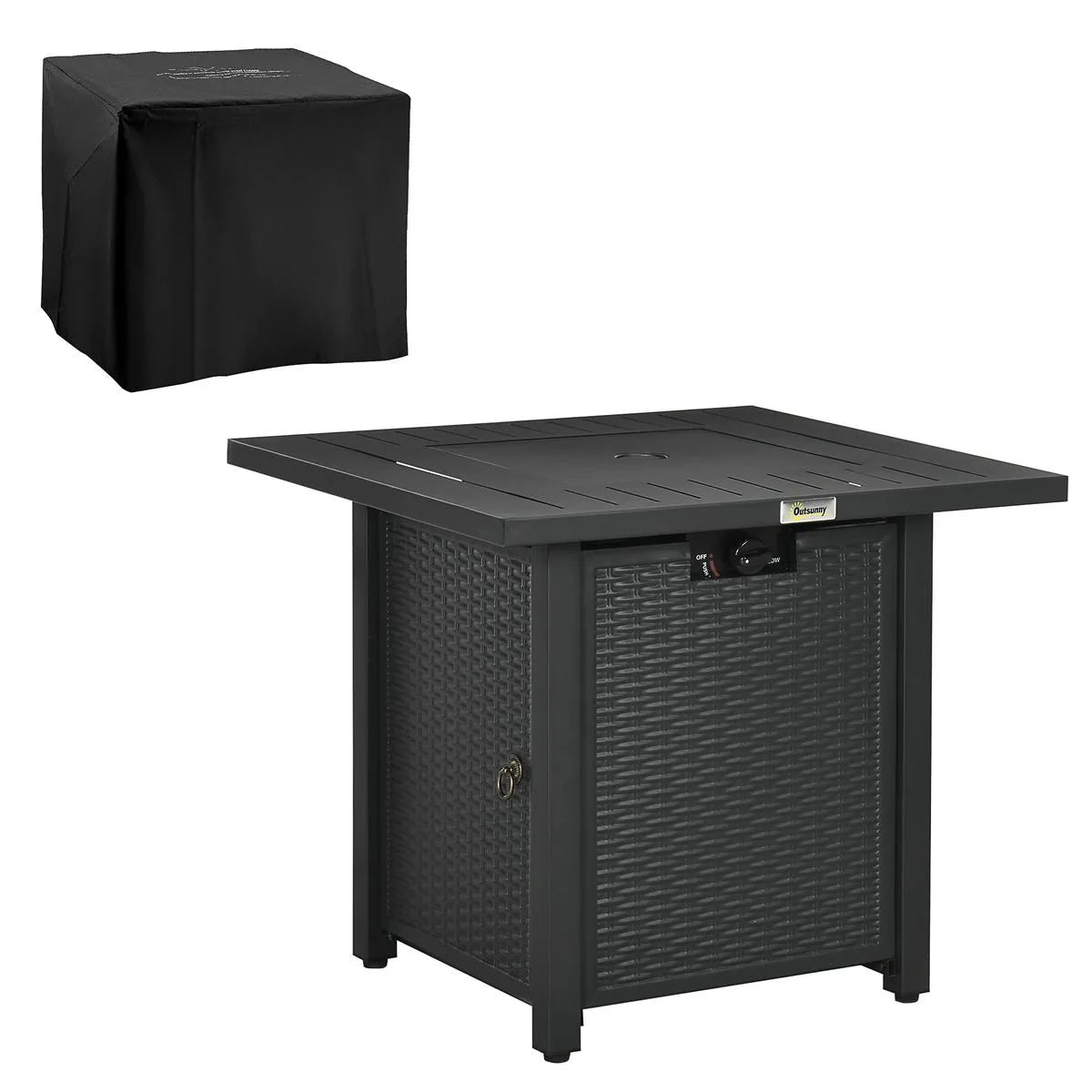 Gas Fire Pit Table Rattan-style Square, 40,000 BTU, Black, Propane Smokeless with Thermocouple, Lava Rocks, Waterproof Cover, Spark Guard and Lid for Patio