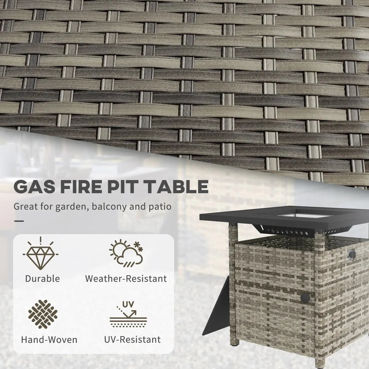Fire Pit Table, 50,000 BTU, 72.5×72.5cm, Grey with Cover