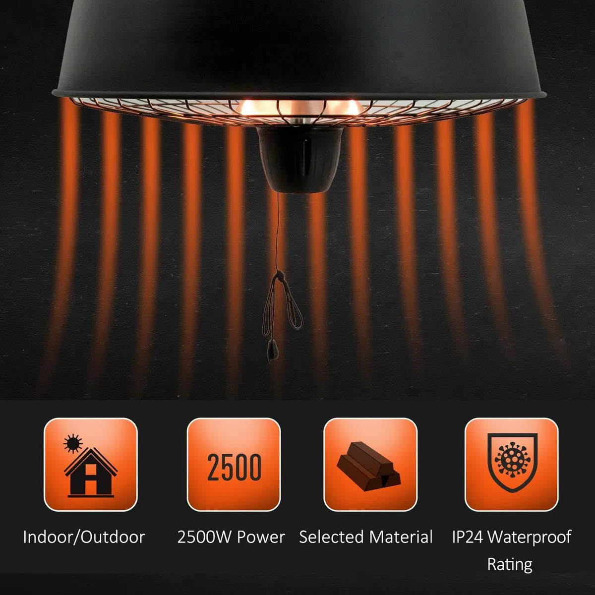 Adjustable Power Infrared Halogen Electric Patio Light Heater 1000/2500W Ceiling Hanging Mount, Black