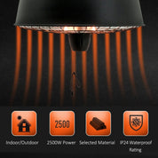 Adjustable Power Infrared Halogen Electric Patio Light Heater 1000/2500W Ceiling Hanging Mount, Black