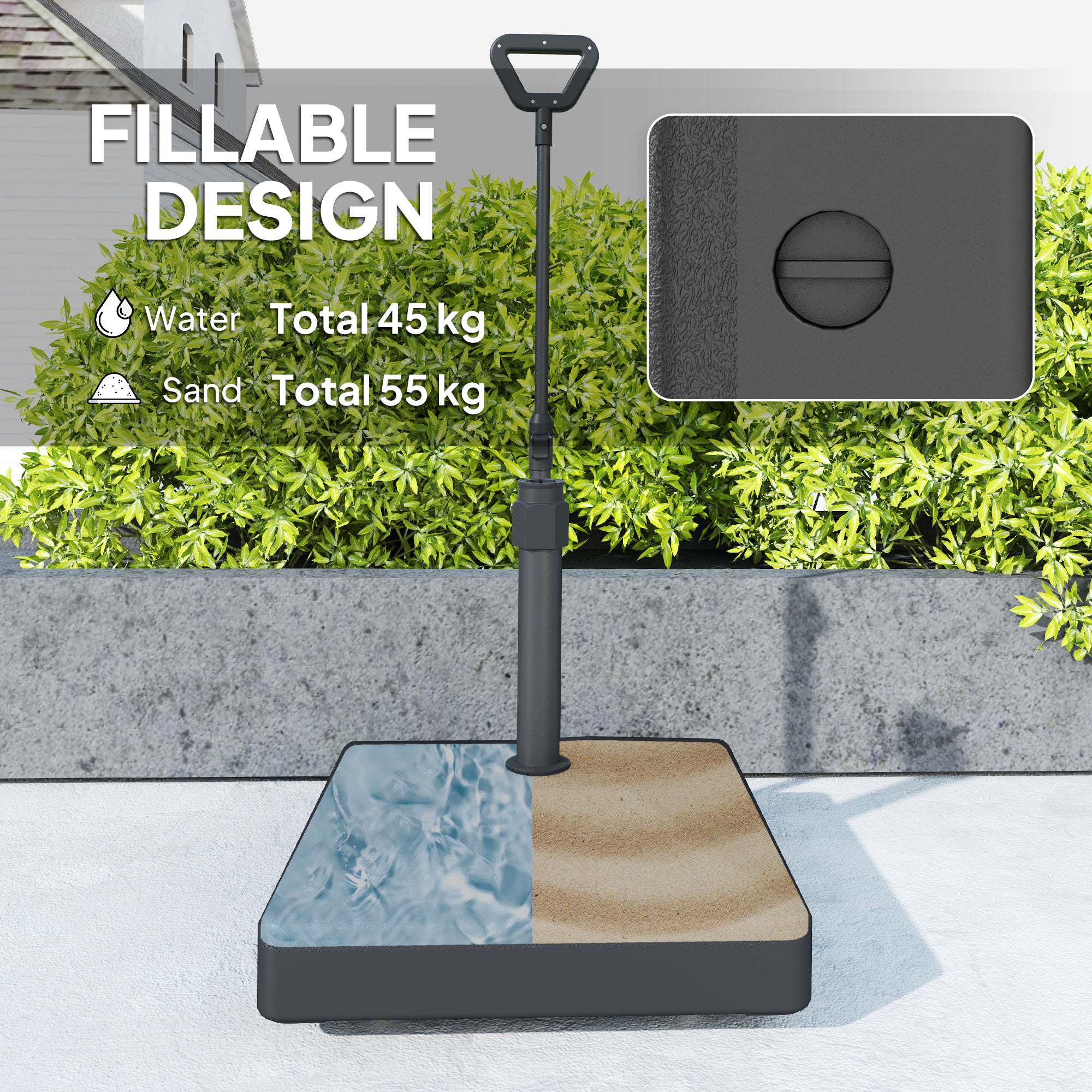 Garden Parasol Base with Adjustable Wheels Handle Filled Up to 55kg with Stand or 45kg with Water for 35mm 38mm 48mm Poles, Black