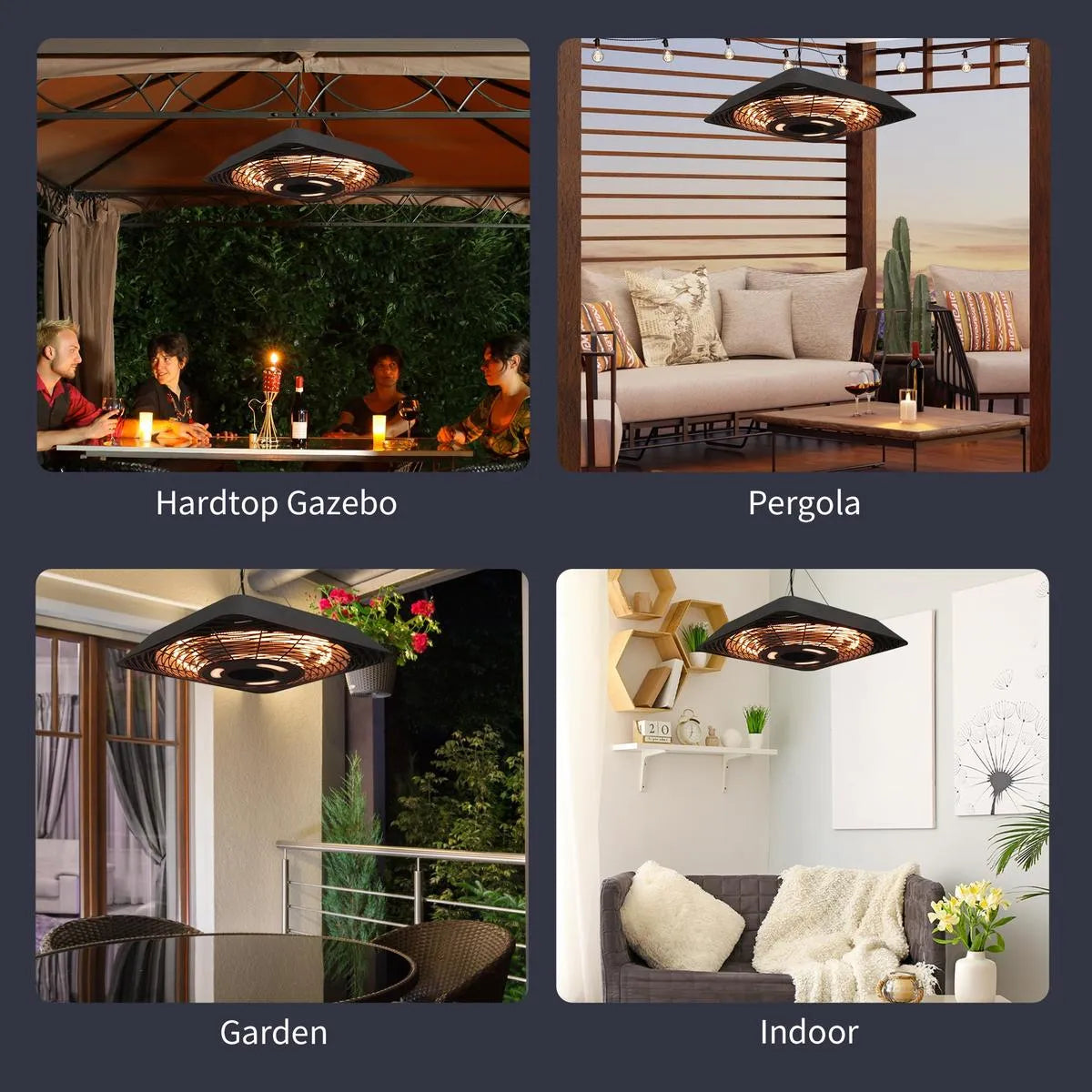 Electric Hanging Patio Heater 2000W Ceiling Mounted Halogen Heating Indoor Outdoor Remote Control Aluminium