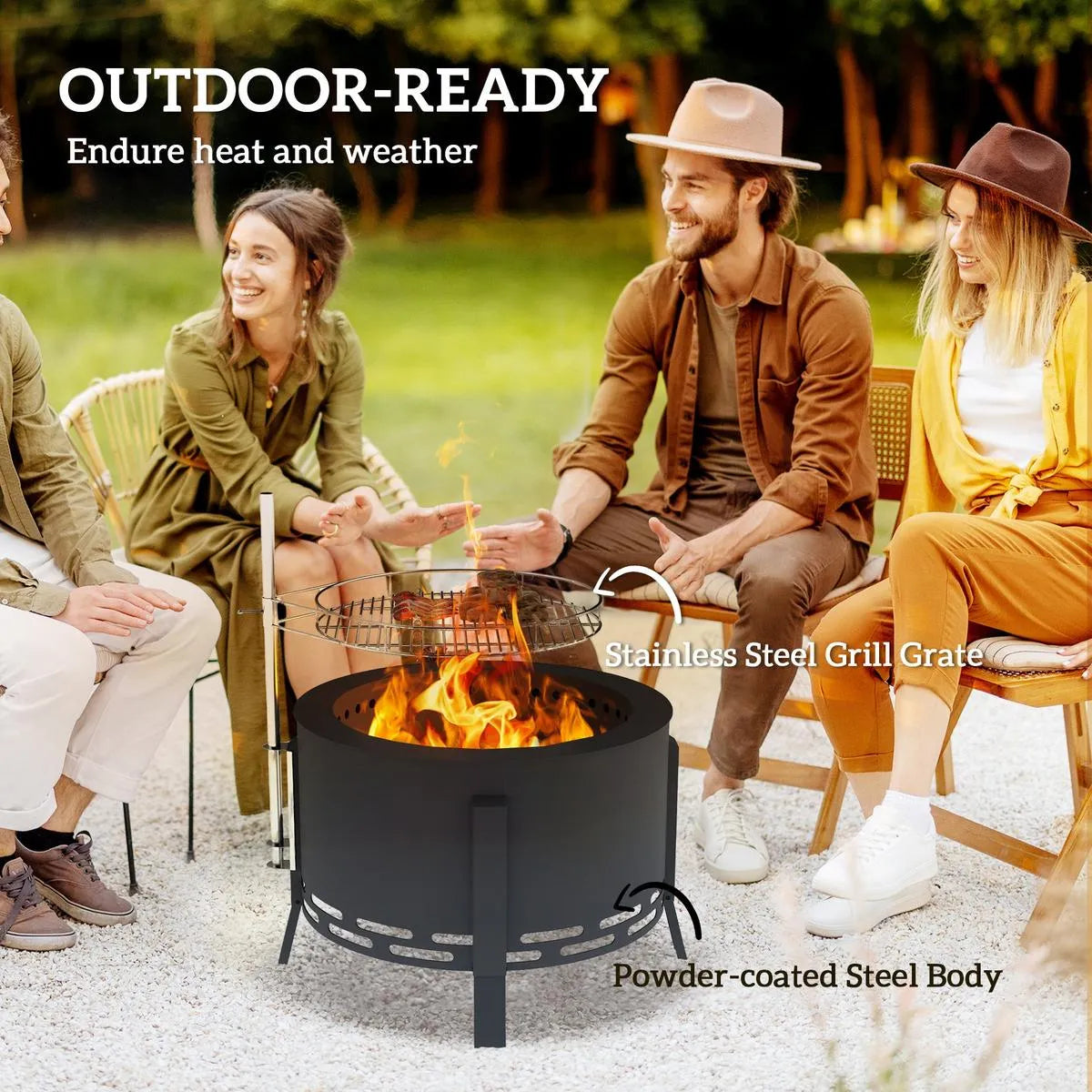 Fire Pit Portable Round, 58cm, Black with Grill Grate, Ash Catcher and Poker for Garden Camping Bonfire Picnic BBQ