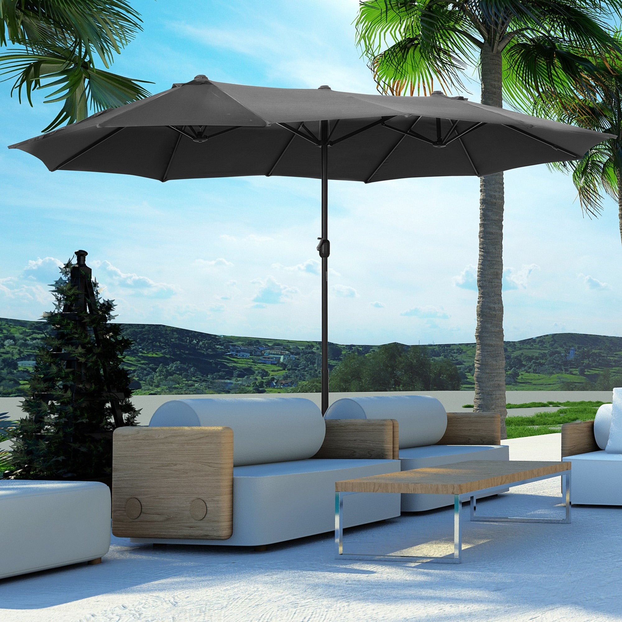 Double-Sided Sun Umbrella Canopy 4.6m Crank Shade with Cross Base, Grey