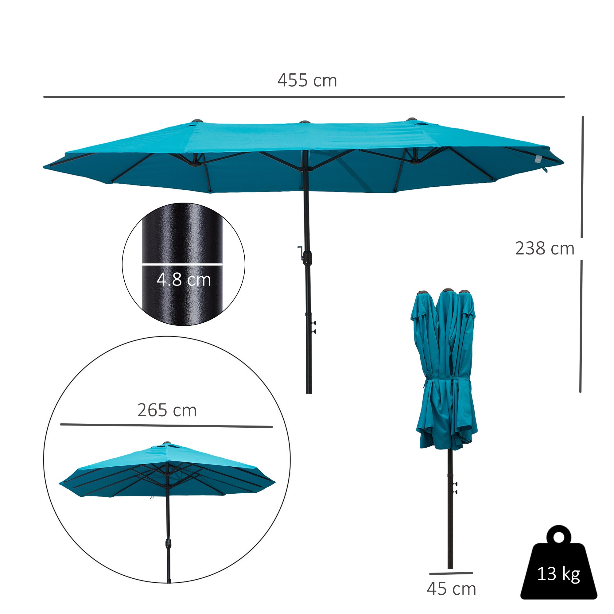 Double Garden Parasol 4.6m Outdoor Patio Sun Umbrella, Sky Blue