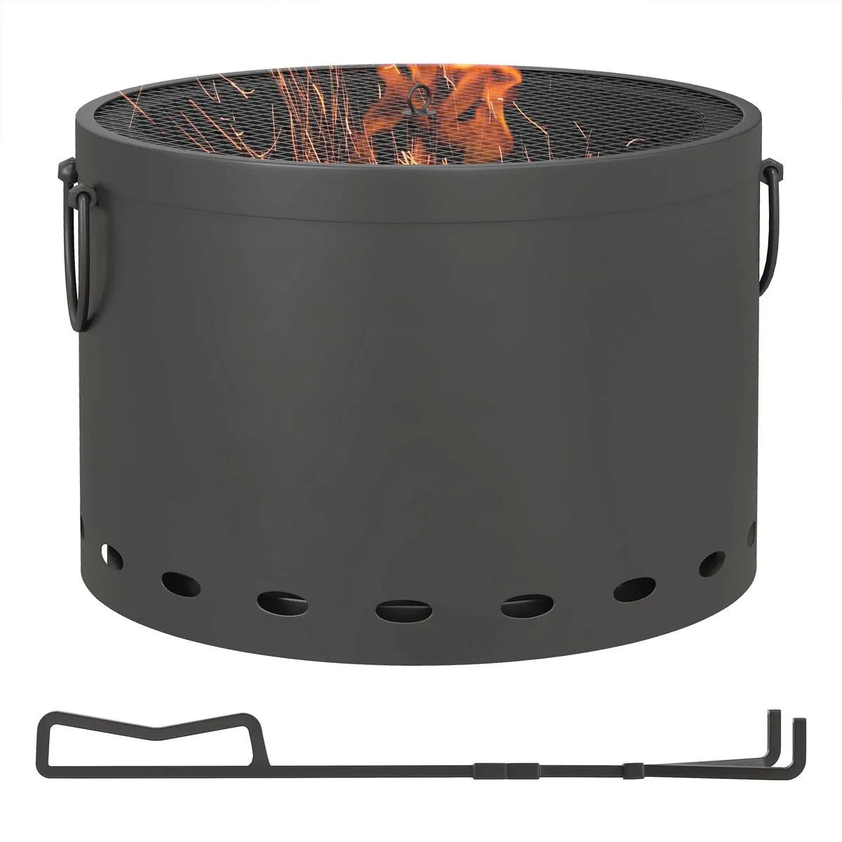 Smokeless Fire Pit Portable Wood Burning, 38cm, Dark Grey with Spark Screen and Poker for Garden Patio Picnic Bonfire Stove
