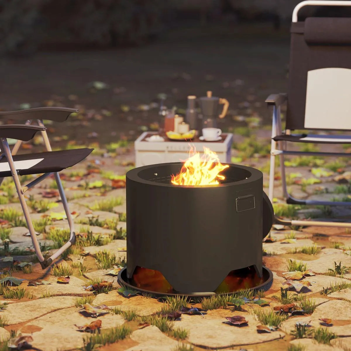 Fire Pit Round Outdoor with Lid and Fire Poker, Black