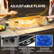 Gas Fire Pit Table, 50,000 BTU, Dark Grey with Cover and Glass Screen