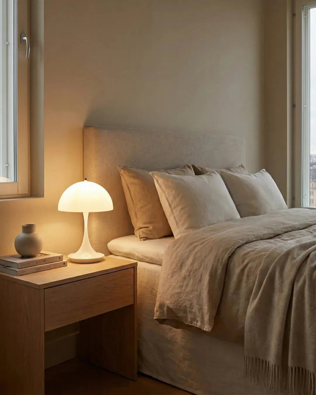 MIDO cordless designer table lamp shown on a bedside table in a modern bedroom — DecoHarmonie