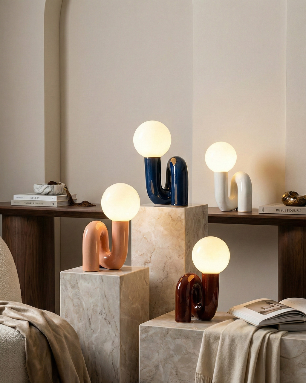 ARCA designer table lamp casting warm ambient light over a coffee table — DecoHarmonie