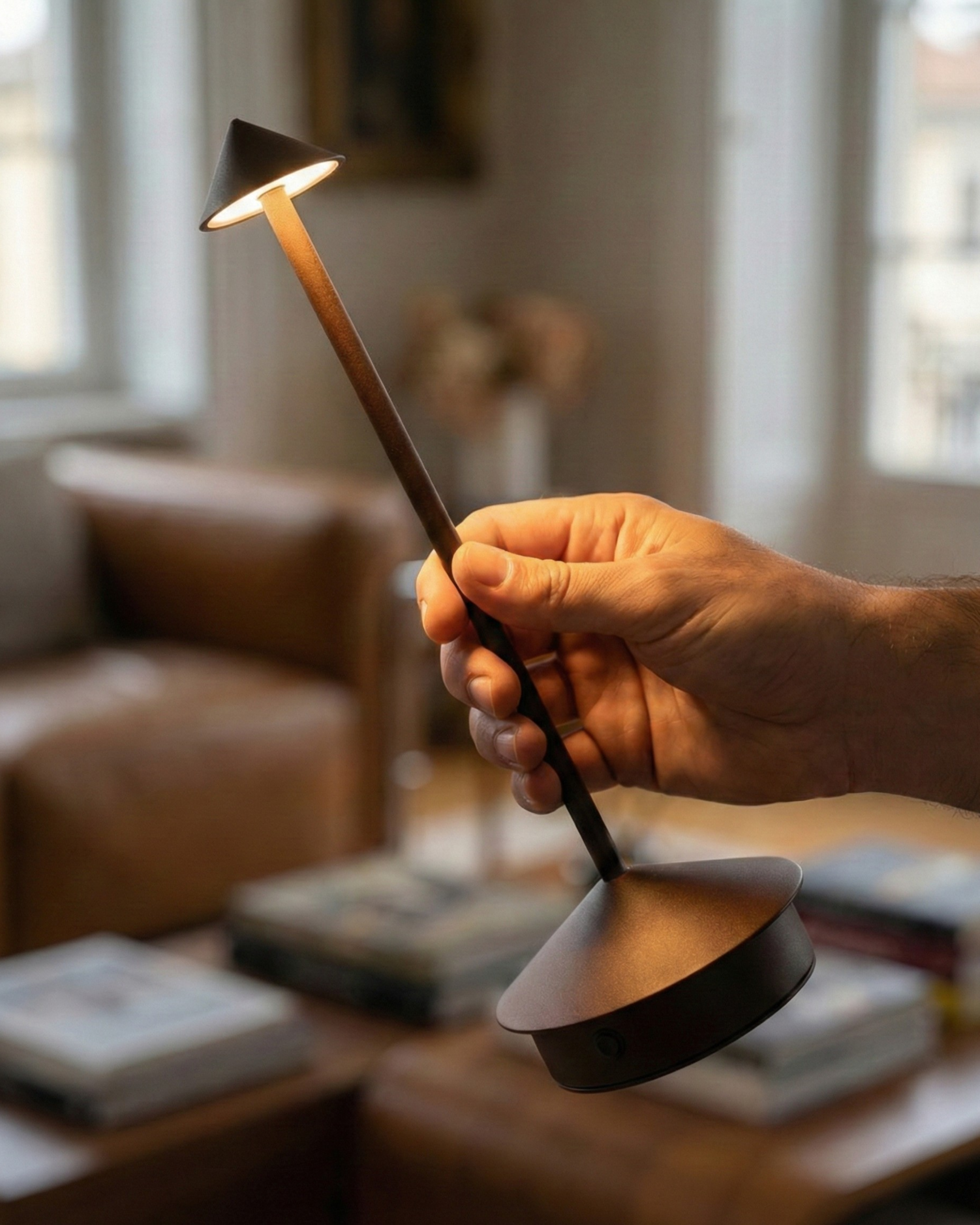 MIRO cordless designer table lamp shown on a bedside table in a modern bedroom — DecoHarmonie
